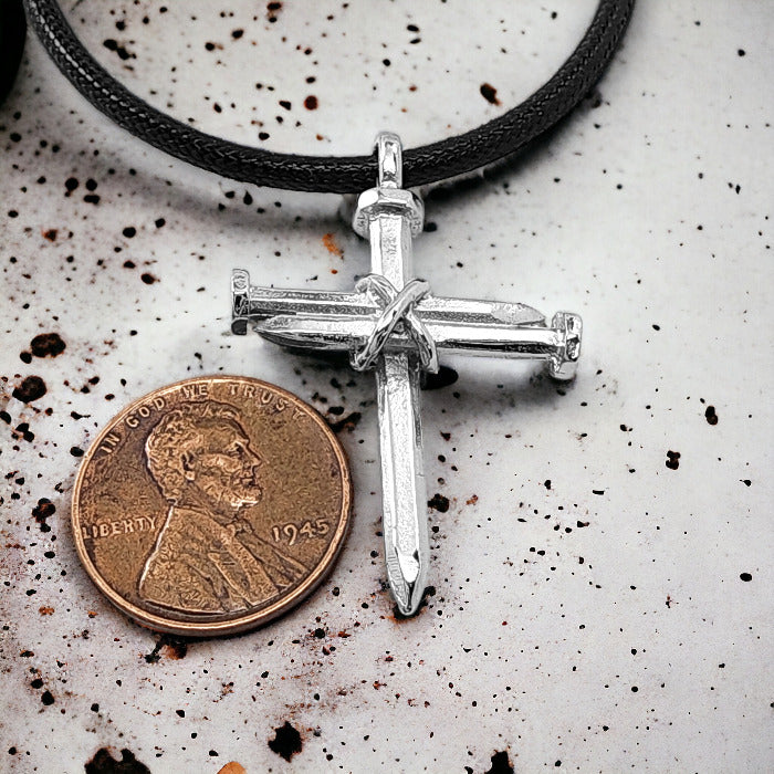 Antique Nail Cross Necklace In Rhodium Bling