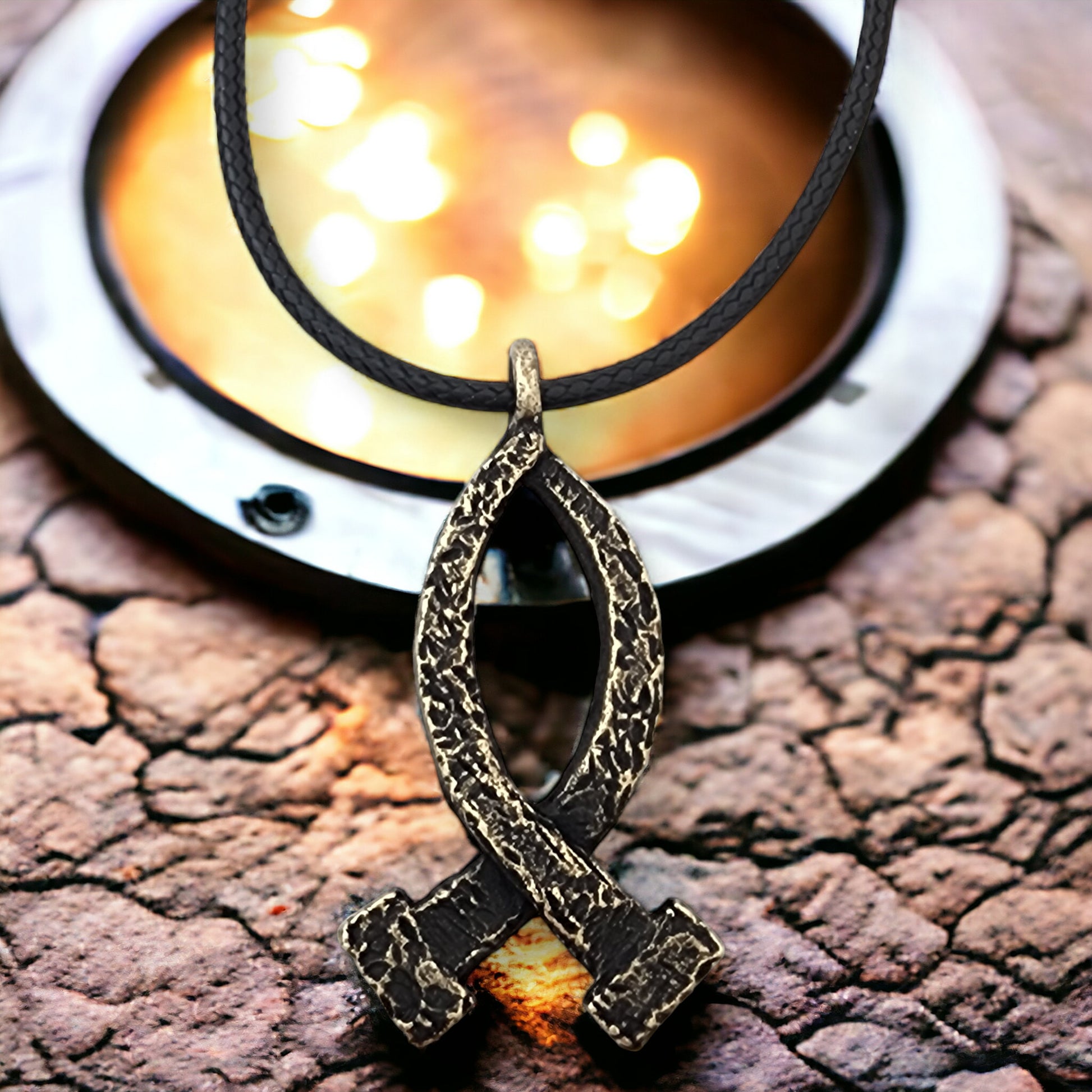 Ichthus Fish Hammered Nails Large Brass Finish Black Cord Necklace