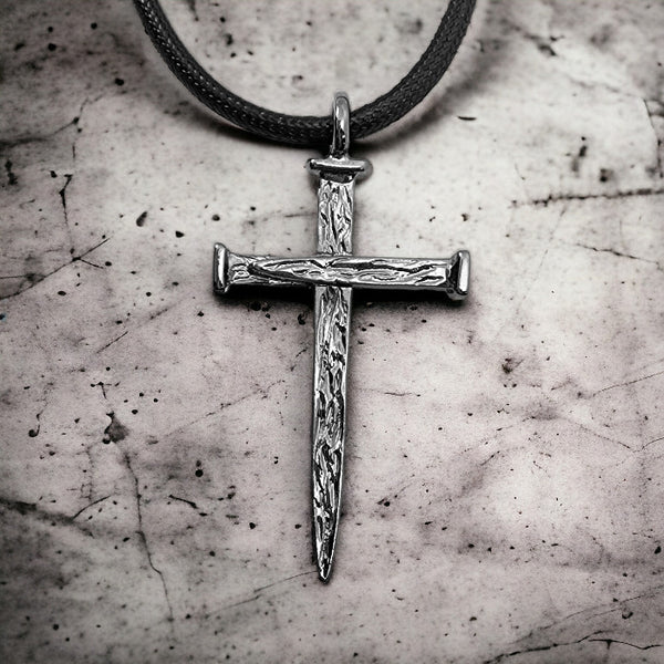 Nail Cross Large Rugged Dark Metal Finish Pendant Black Cord Necklace