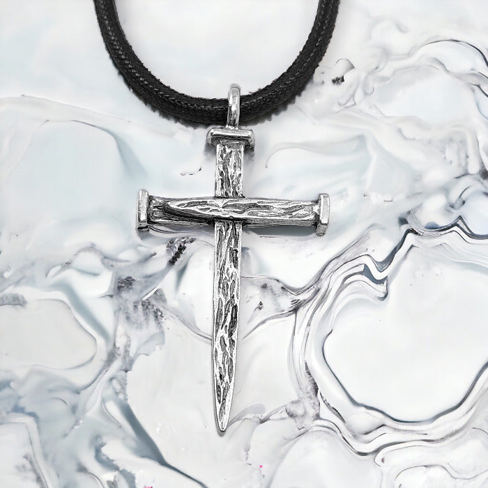 Nail Cross Large Rugged Antique Silver Finish Pendant Black Cord Neckl