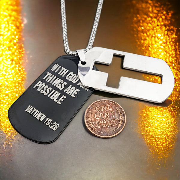 Cross Tag All Things Are Possible With God Stainless Steel Heavy Chain Necklace