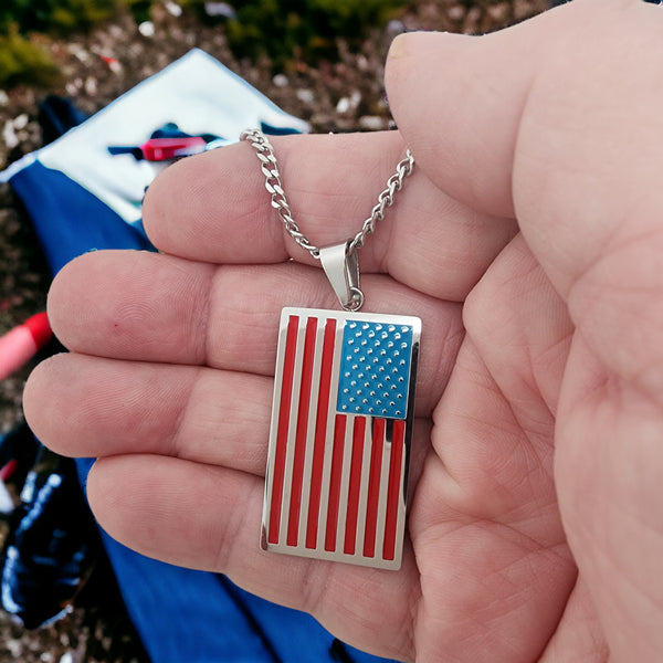 American Flag Tag Stainless Steel Curb Chain Necklace
