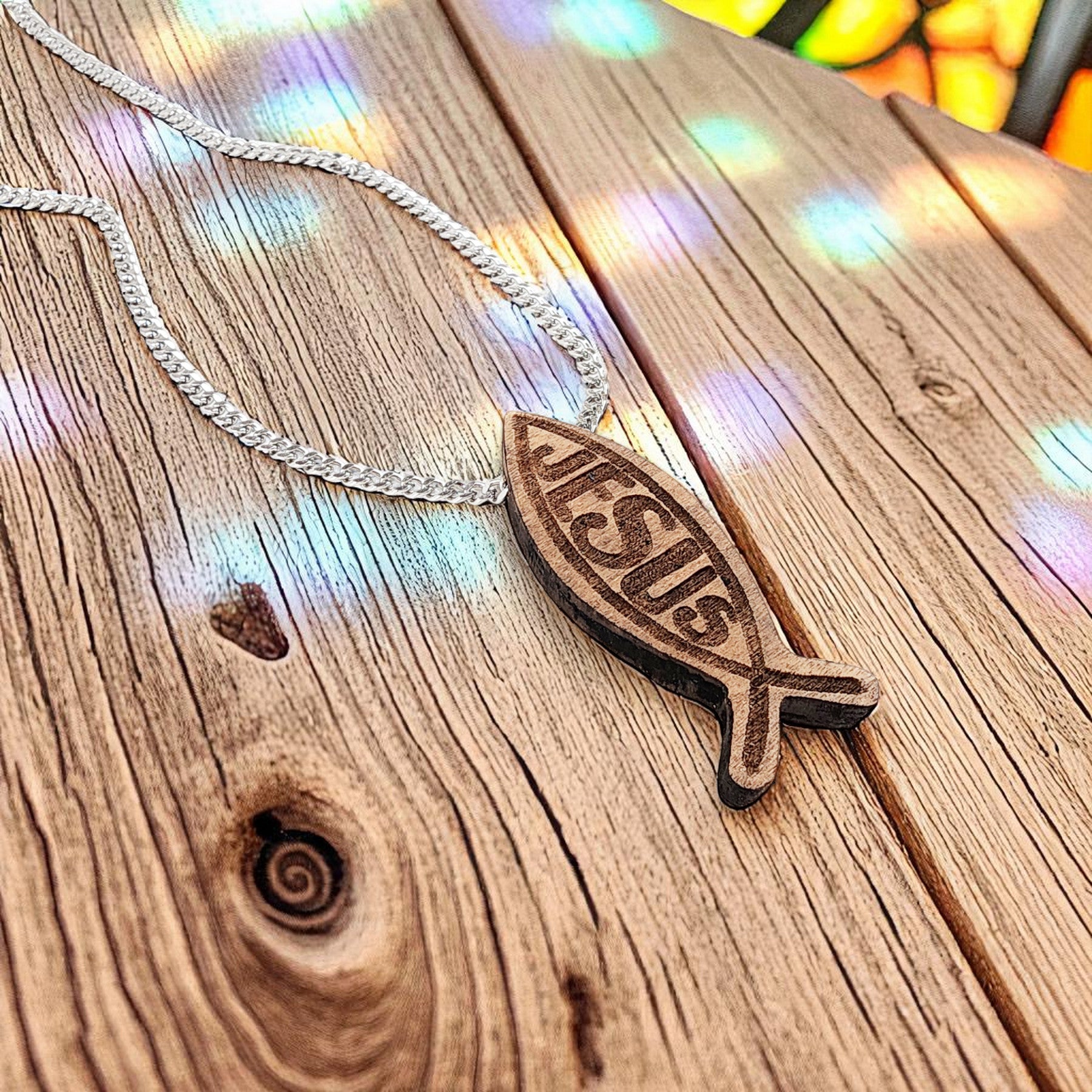 Wood Fish Jesus Ichthus Pendant Stainless Steel Curb Chain Necklace