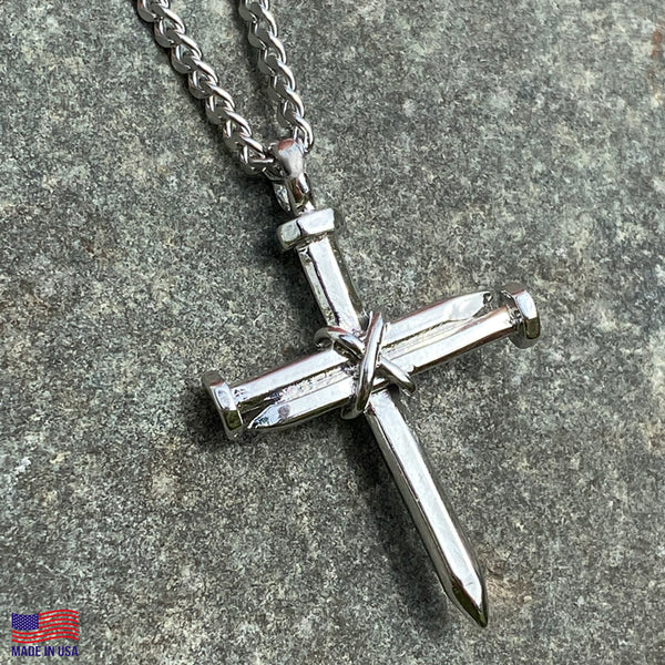 Nail Cross Rhodium Finish Necklace On 18 Inch Curb Chain - Forgiven Jewelry