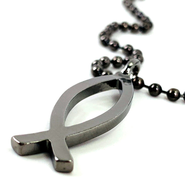 Ichthus Fish Gunmetal Finish Ball Chain Necklace - Forgiven Jewelry