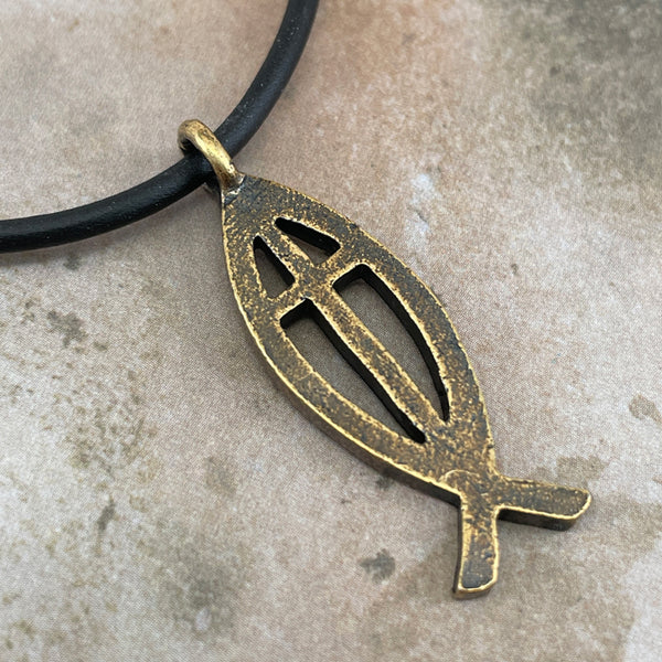 Cross Ichthus Jesus Fish Antique Brass Finish Black Cord Necklace - Forgiven Jewelry