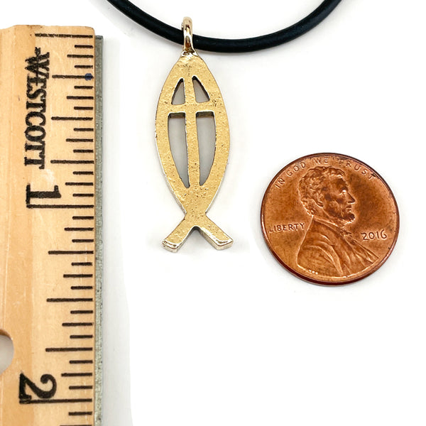 Cross Ichthus Jesus Fish Gold Finish Black Cord Necklace - Forgiven Jewelry
