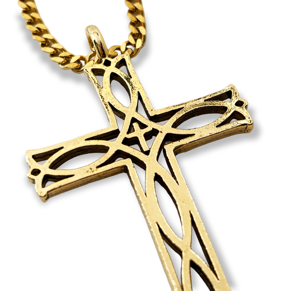 Cross Ichthus Fish Gold Metal Finish Pendant Gold Finish Curb Chain Necklace