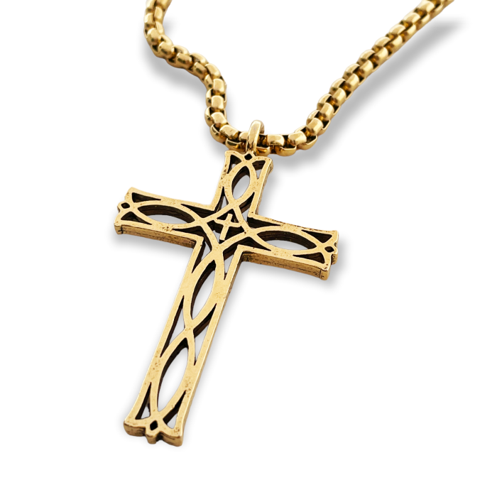Cross Ichthus Fish Gold Metal Finish Pendant Gold Finish Heavy Chain Necklace