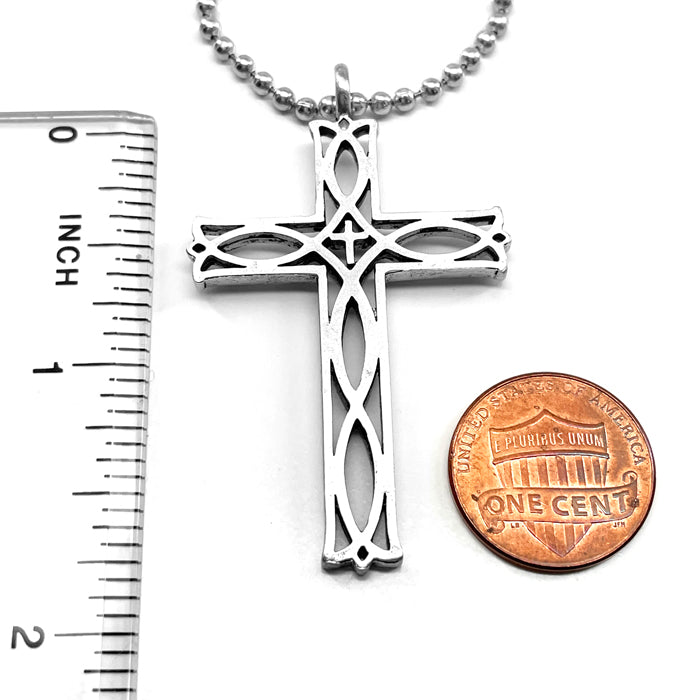 Cross Ichthus Fish Antique Silver Necklace Ball Chain - Forgiven Jewelry