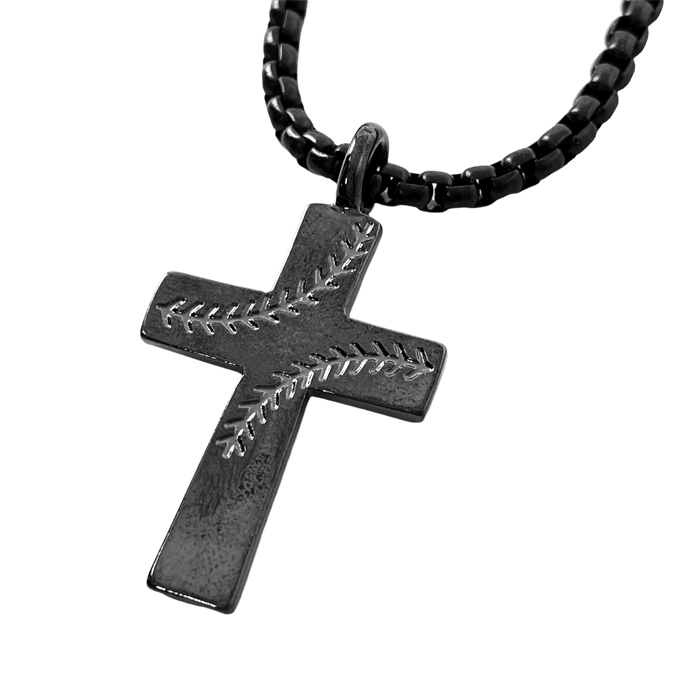 Cross Stitch Dark Metal Finish Baseball Pendant Dark Metal Heavy Chain Necklace