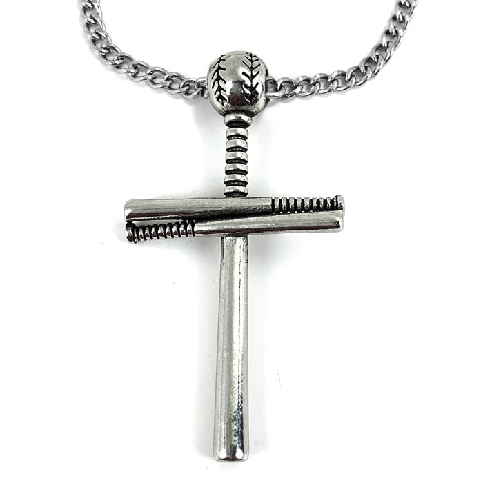 Baseball Bat And Ball Cross On Chain Necklace Pewter I Can Do All Things - Forgiven Jewelry