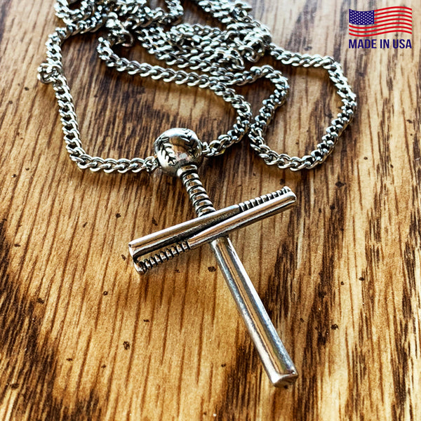 Baseball Bat And Ball Cross On Chain Necklace Pewter I Can Do All Things - Forgiven Jewelry