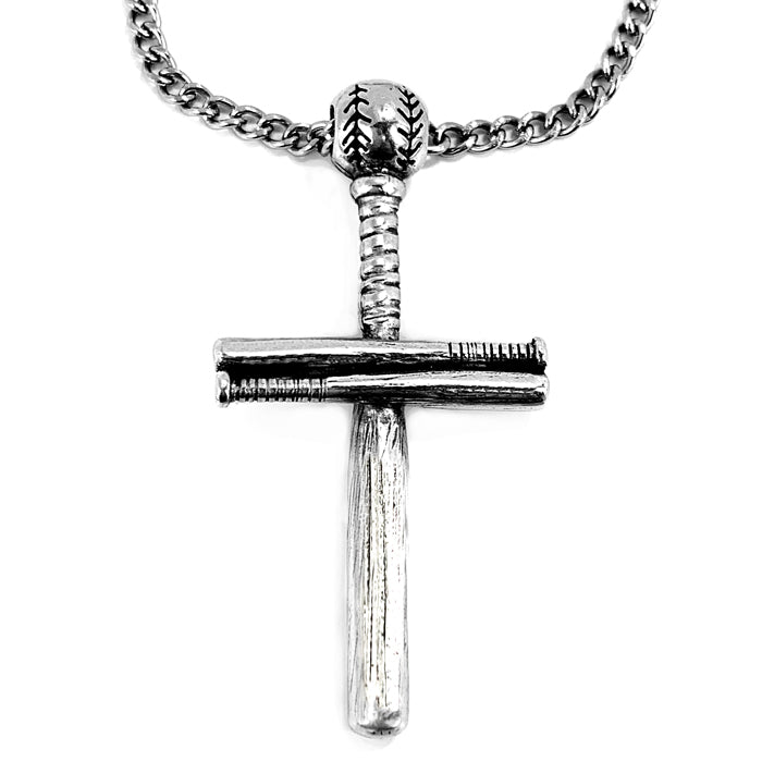 Baseball Bat And Ball Cross On Curb Chain Necklace Antique Pewter - Forgiven Jewelry
