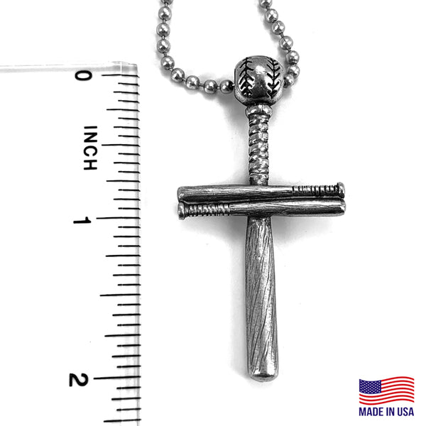 Baseball Bat And Ball Cross On Ball Chain Necklace Antique Pewter - Forgiven Jewelry