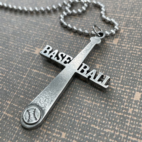 Baseball Cross Silver Bat Necklace Ball Chain