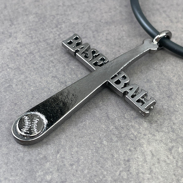 Baseball Gunmetal Cross Bat Necklace Black Rubber - Forgiven Jewelry