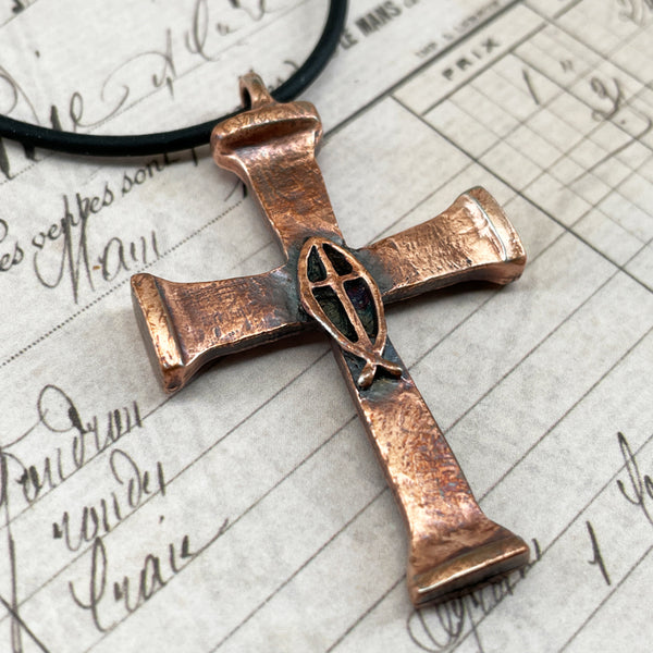 Horse Nails Cross Fish Antique Copper Finish Necklace - Forgiven Jewelry