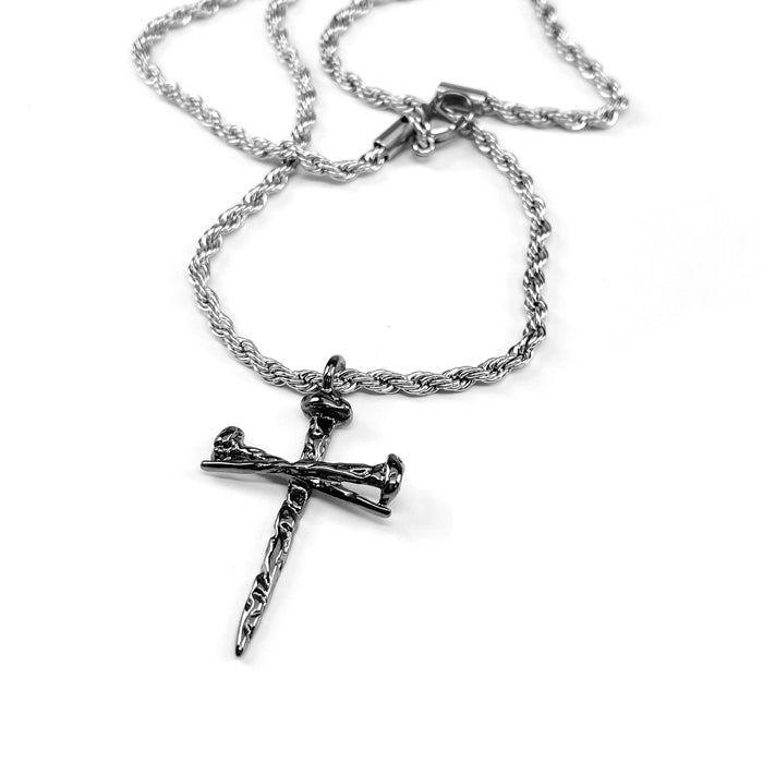 Nail Cross Gunmetal Finish Pendant Necklace Silver Rope Chain - Forgiven Jewelry