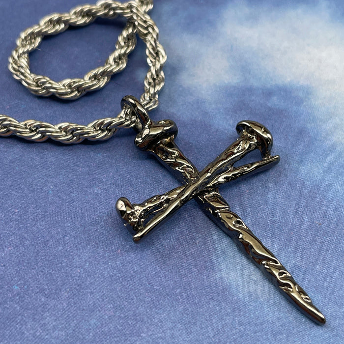Nail Cross Gunmetal Finish Pendant Necklace Silver Rope Chain - Forgiven Jewelry