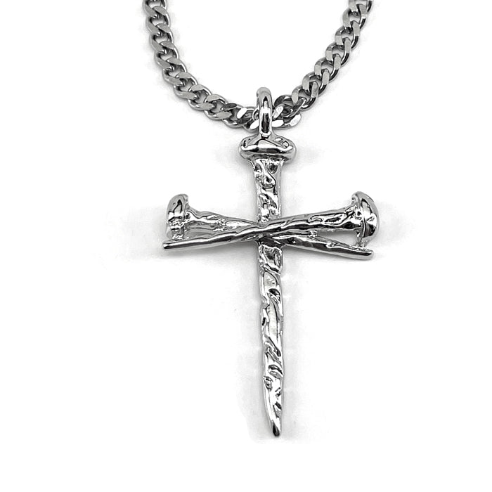 Rugged Antique Nail Cross Necklace Rhodium Silver Finish Chain - Forgiven Jewelry