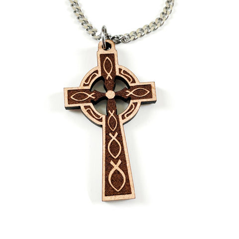 Celtic Wood Cross Pendant Stainless Steel Chain Necklace - Forgiven Jewelry