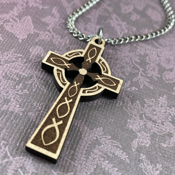 Celtic Wood Cross Pendant Stainless Steel Chain Necklace - Forgiven Jewelry