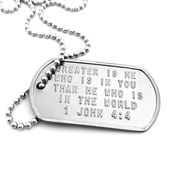 1 John 4:4 Greater Is He Who Is In You Than He Who Is In The World Dog Tag Necklace - Forgiven Jewelry