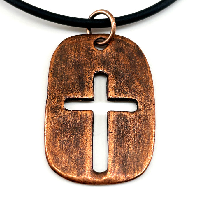 Cross Tag Antique Copper Finish Black Cord Necklace - Forgiven Jewelry