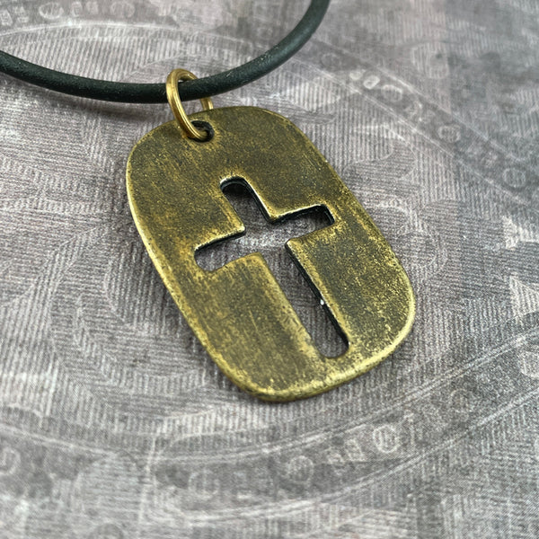 Cross Tag Brass Finish Black Cord Necklace - Forgiven Jewelry