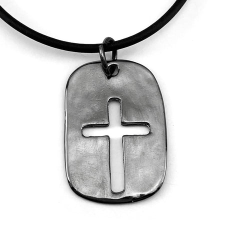 Cross Tag Gunmetal Finish Black Cord Necklace - Forgiven Jewelry