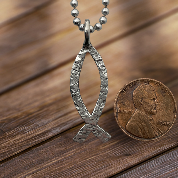 Ichthus Fish Hammered Finish Ball Chain Necklace