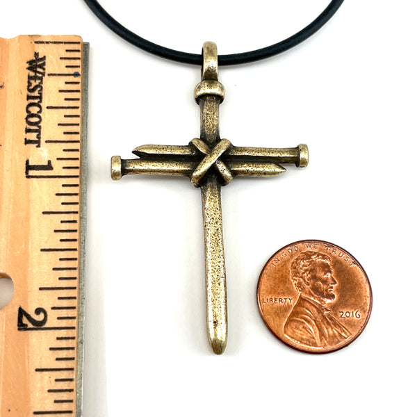 Nail Cross Antique Brass Finish Black Rubber Necklace - Forgiven Jewelry