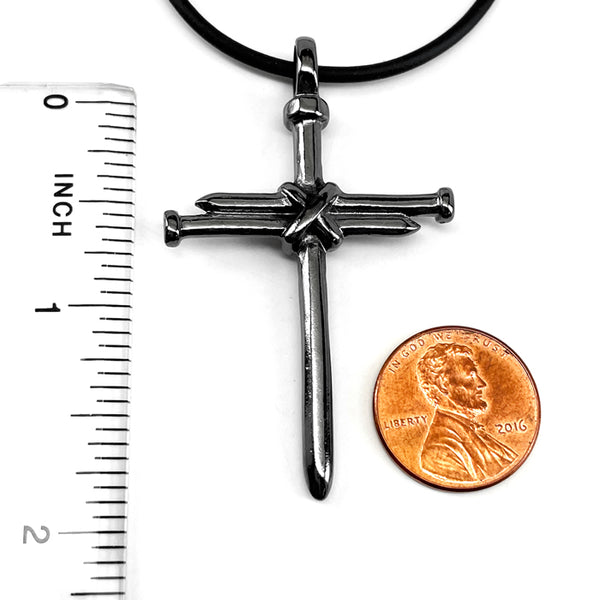 Nail Cross Gunmetal Finish Black Rubber Necklace - Forgiven Jewelry