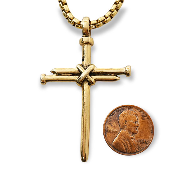 Nail Cross Gold Metal Finish Pendant Gold Finish Heavy Chain Necklace