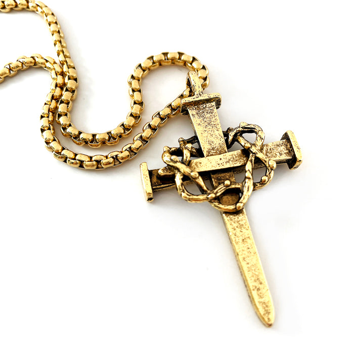 Nail Crown Of Thorns Large Cross Gold Finish Heavy Chain Necklace