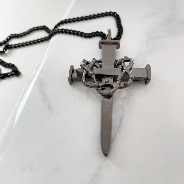 Crown Of Thorns Nail Cross Large Dark Metal Finish Pendant Dark Chain Necklace