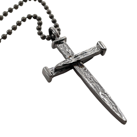 Nail Cross Large Rugged Dark Metal Finish Pendant Ball Chain With Gunmetal Finish Necklace