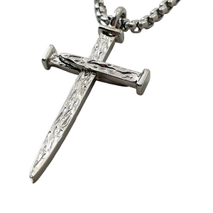 Nail Cross Large Rugged Rhodium Metal Finish Pendant Heavy Chain Necklace