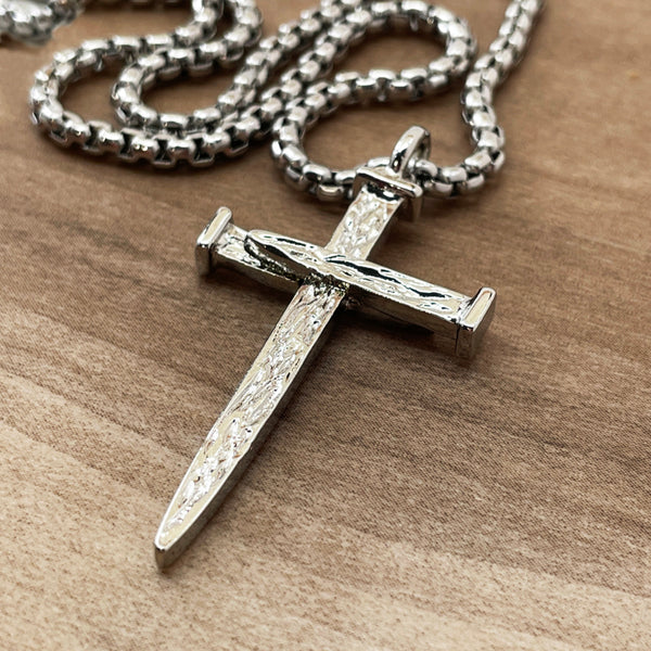 Nail Cross Large Rugged Rhodium Metal Finish Pendant Heavy Chain Necklace