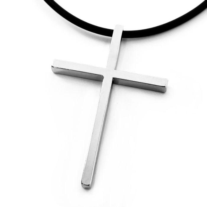 Cross Large Rhodium Finish Pendant Black Cord Necklace