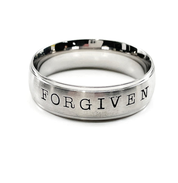 Forgiven Hand Stamped Stainless Steel Wide Band Ring