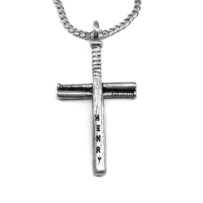 Baseball Softball Personalized Bat Cross Necklace Pewter on chain - Forgiven Jewelry
