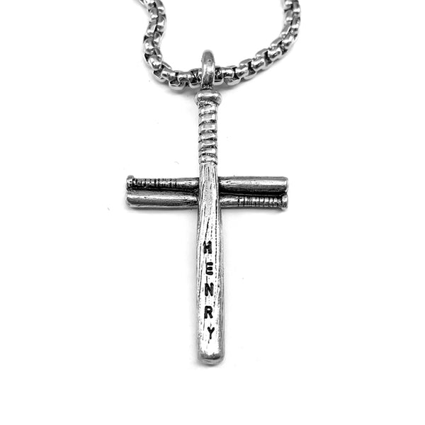 Baseball Softball Personalized Bat Cross Necklace Pewter on Heavy Chain - Forgiven Jewelry