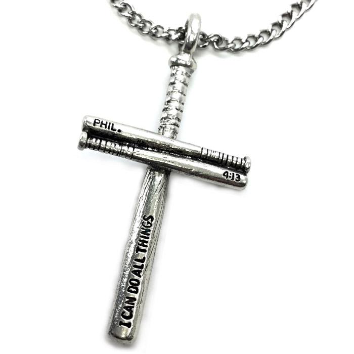Baseball Softball Personalized Bat Cross Necklace Pewter on chain - Forgiven Jewelry