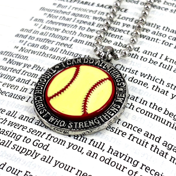 Softball Necklace Philippians 413 On Ball Chain - Forgiven Jewelry