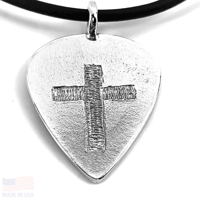 Guitar Pick With Cross Necklace Rhodium Finish - Forgiven Jewelry