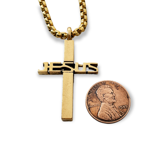 Jesus Cross Gold Finish Pendant Gold Heavy Chain Necklace