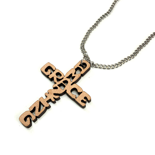Cross Wood Amazing Grace Pendant Stainless Steel Chain Necklace - Forgiven Jewelry