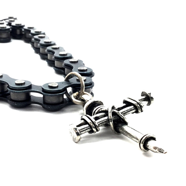 Pewter Nail Cross on Heavy Bike Chain Black - Forgiven Jewelry